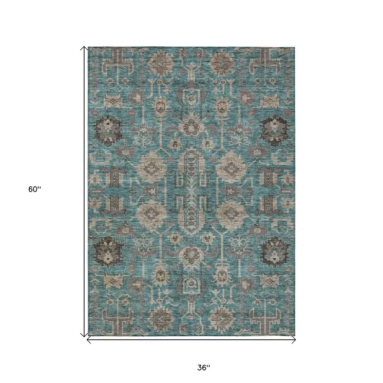 3' X 5' Teal Blue Aqua And Beige Oriental Washable Indoor Outdoor Area Rug