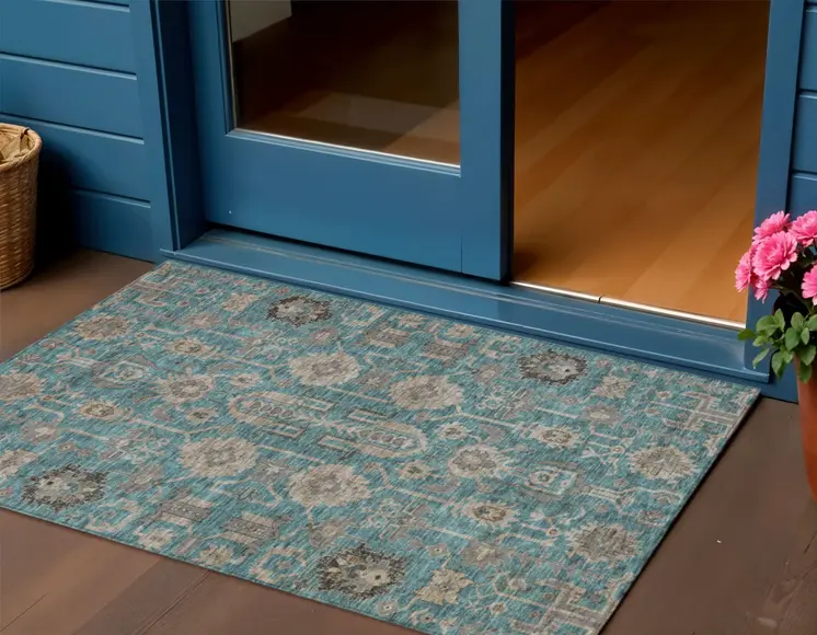 3' X 5' Teal Blue Aqua And Beige Oriental Washable Indoor Outdoor Area Rug