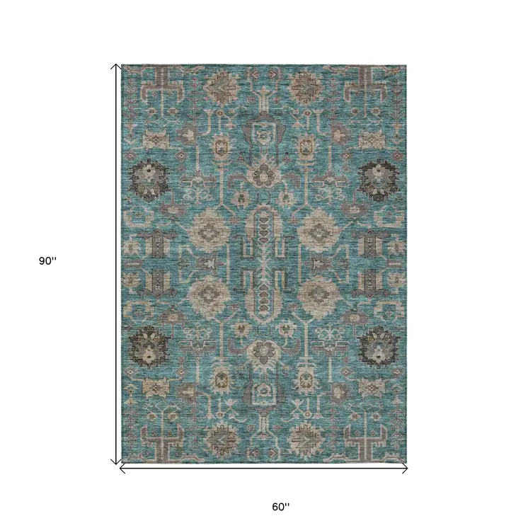 5' X 8' Teal Blue Aqua And Beige Oriental Washable Indoor Outdoor Area Rug