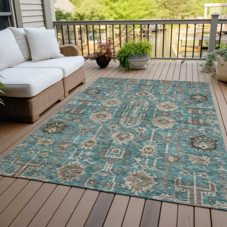 5' X 8' Teal Blue Aqua And Beige Oriental Washable Indoor Outdoor Area Rug