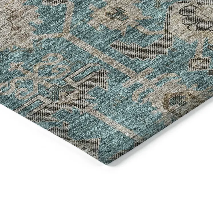 5' X 8' Teal Blue Aqua And Beige Oriental Washable Indoor Outdoor Area Rug