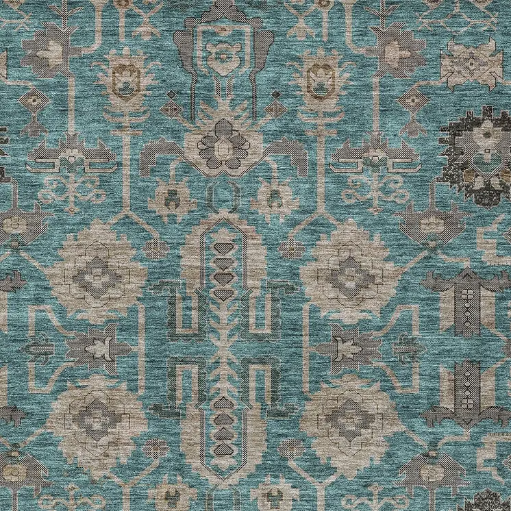 5' X 8' Teal Blue Aqua And Beige Oriental Washable Indoor Outdoor Area Rug
