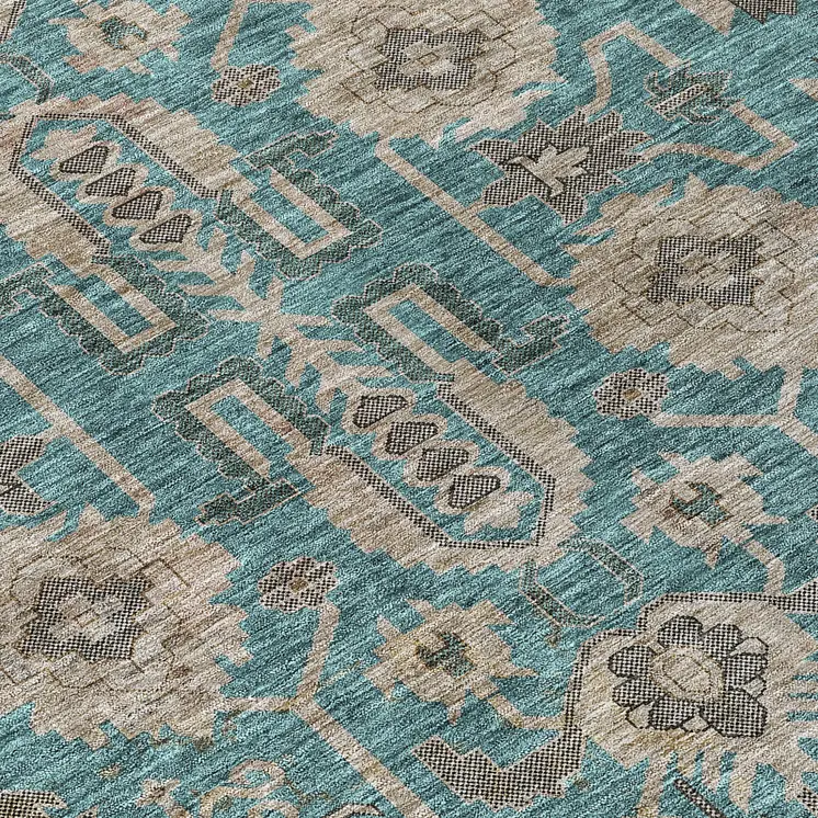 5' X 8' Teal Blue Aqua And Beige Oriental Washable Indoor Outdoor Area Rug