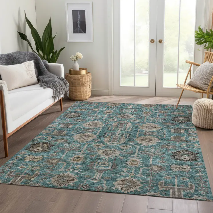 5' X 8' Teal Blue Aqua And Beige Oriental Washable Indoor Outdoor Area Rug