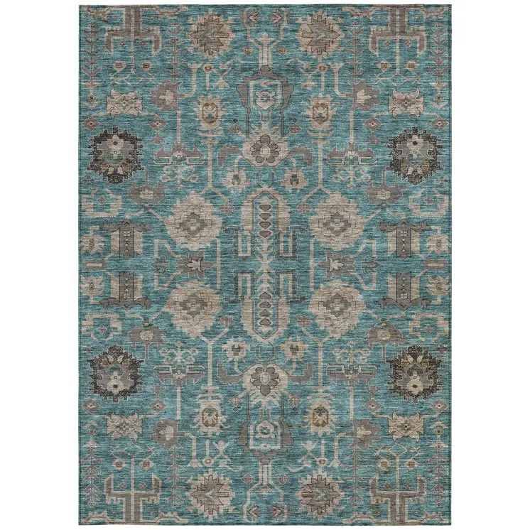 9' X 12' Teal Blue Aqua And Beige Oriental Washable Indoor Outdoor Area Rug