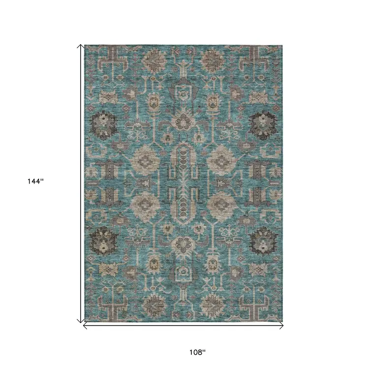 9' X 12' Teal Blue Aqua And Beige Oriental Washable Indoor Outdoor Area Rug