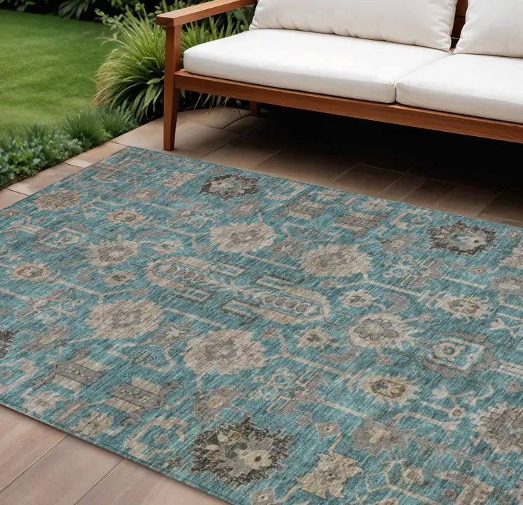 9' X 12' Teal Blue Aqua And Beige Oriental Washable Indoor Outdoor Area Rug