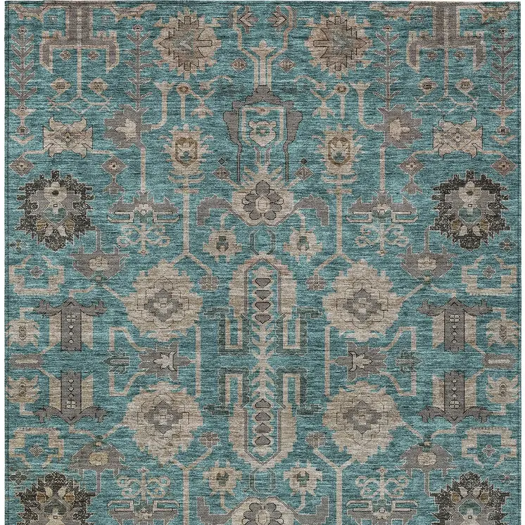 10' X 14' Teal Blue Aqua And Beige Oriental Washable Indoor Outdoor Area Rug