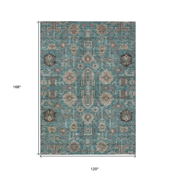 10' X 14' Teal Blue Aqua And Beige Oriental Washable Indoor Outdoor Area Rug