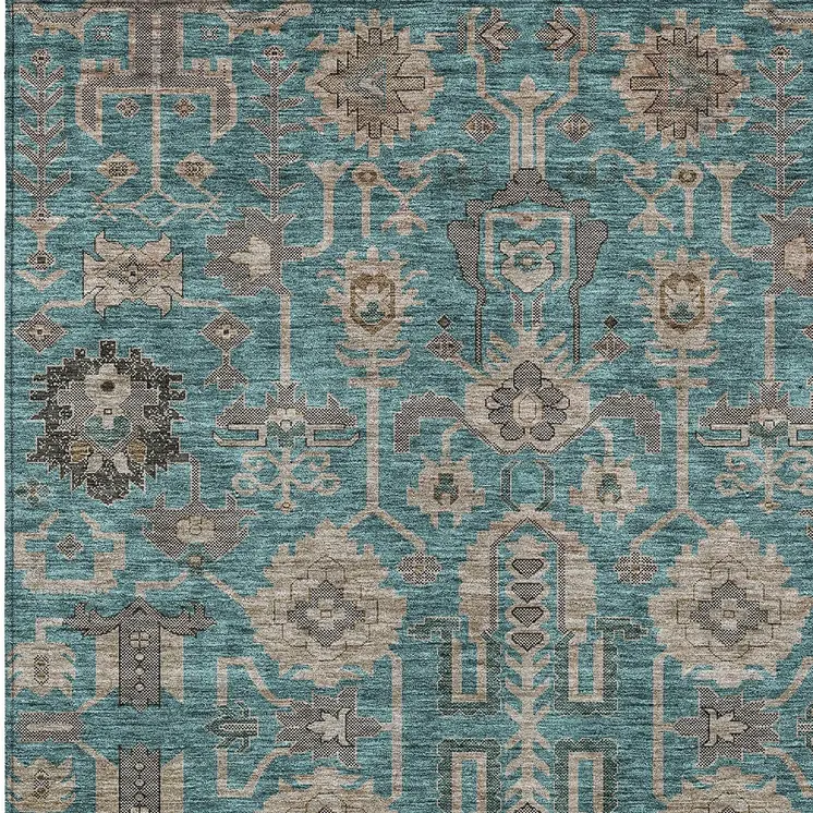 10' X 14' Teal Blue Aqua And Beige Oriental Washable Indoor Outdoor Area Rug