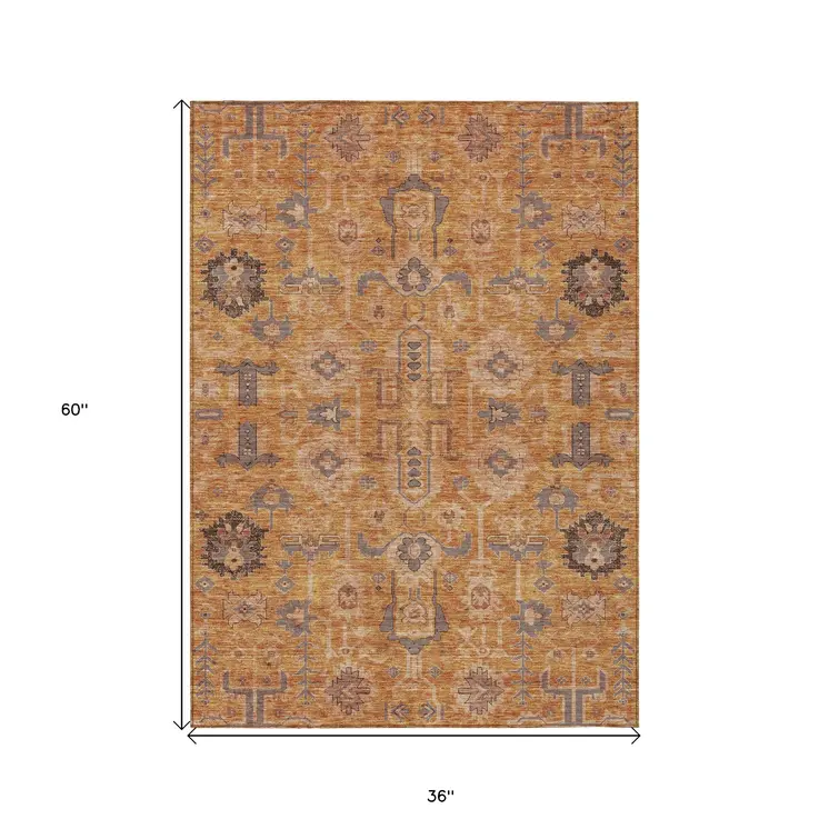 3' X 5' Terra Cotta Beige And Gray Oriental Washable Indoor Outdoor Area Rug