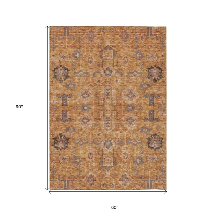 5' X 8' Terra Cotta Beige And Gray Oriental Washable Indoor Outdoor Area Rug