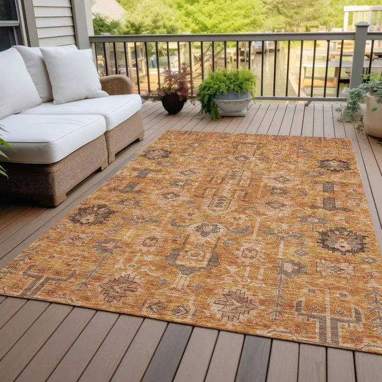 5' X 8' Terra Cotta Beige And Gray Oriental Washable Indoor Outdoor Area Rug