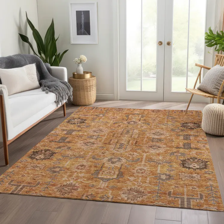 5' X 8' Terra Cotta Beige And Gray Oriental Washable Indoor Outdoor Area Rug