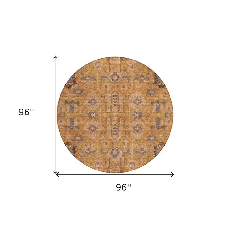 8' Terra Cotta Beige And Gray Round Oriental Washable Indoor Outdoor Area Rug