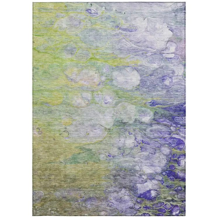 3' X 5' Artichoke Green Purple And Lilac Abstract Washable Indoor Outdoor Area Rug