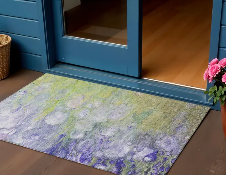 3' X 5' Artichoke Green Purple And Lilac Abstract Washable Indoor Outdoor Area Rug