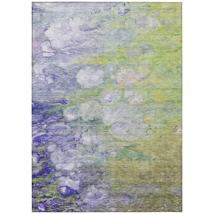 3' X 5' Artichoke Green Purple And Lilac Abstract Washable Indoor Outdoor Area Rug