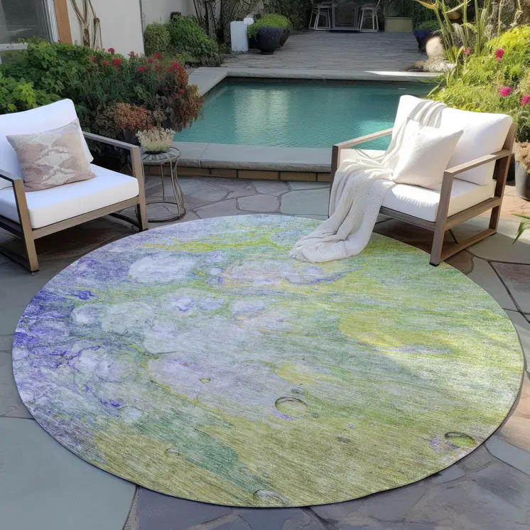 8' Artichoke Green Purple And Lilac Round Abstract Washable Indoor Outdoor Area Rug