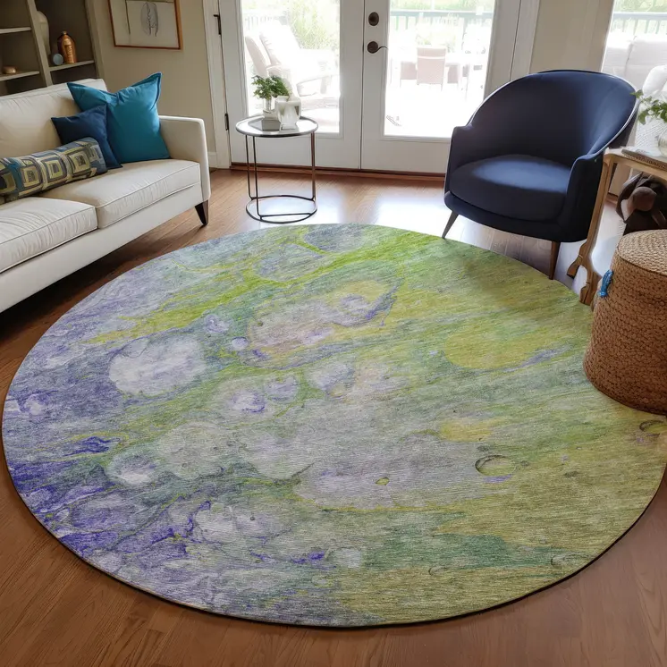 8' Artichoke Green Purple And Lilac Round Abstract Washable Indoor Outdoor Area Rug