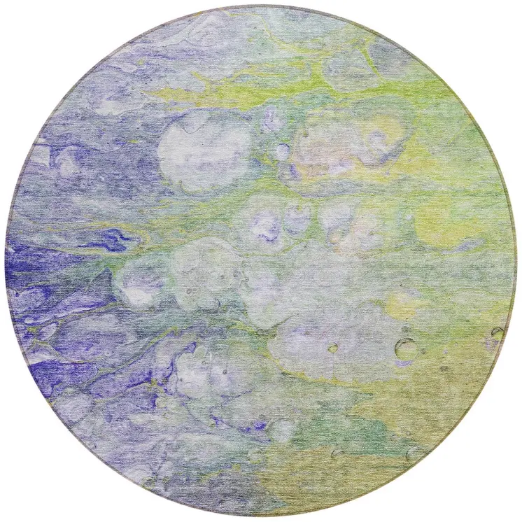 8' Artichoke Green Purple And Lilac Round Abstract Washable Indoor Outdoor Area Rug