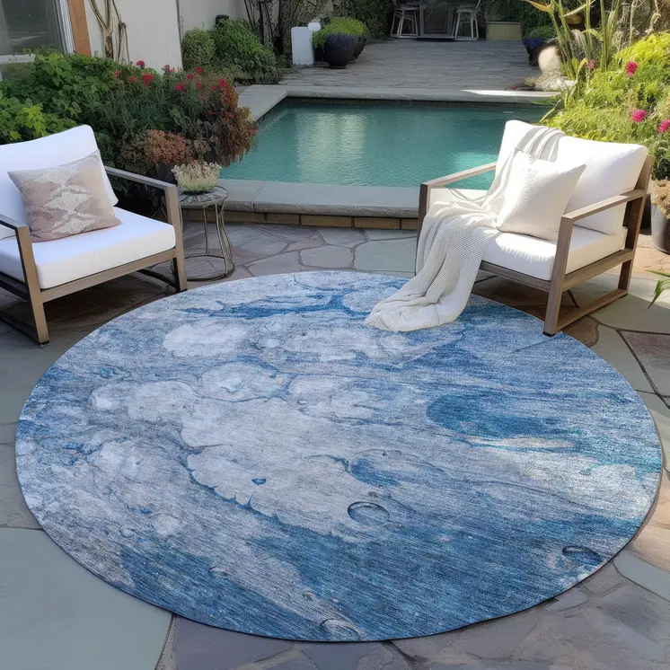 8' Denim Blue And Sky Blue Round Abstract Washable Indoor Outdoor Area Rug