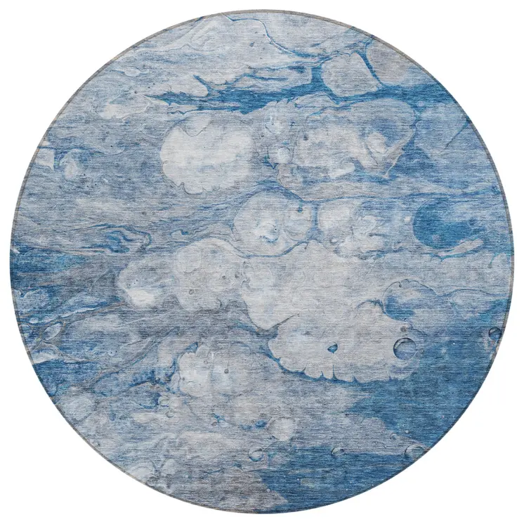 8' Denim Blue And Sky Blue Round Abstract Washable Indoor Outdoor Area Rug