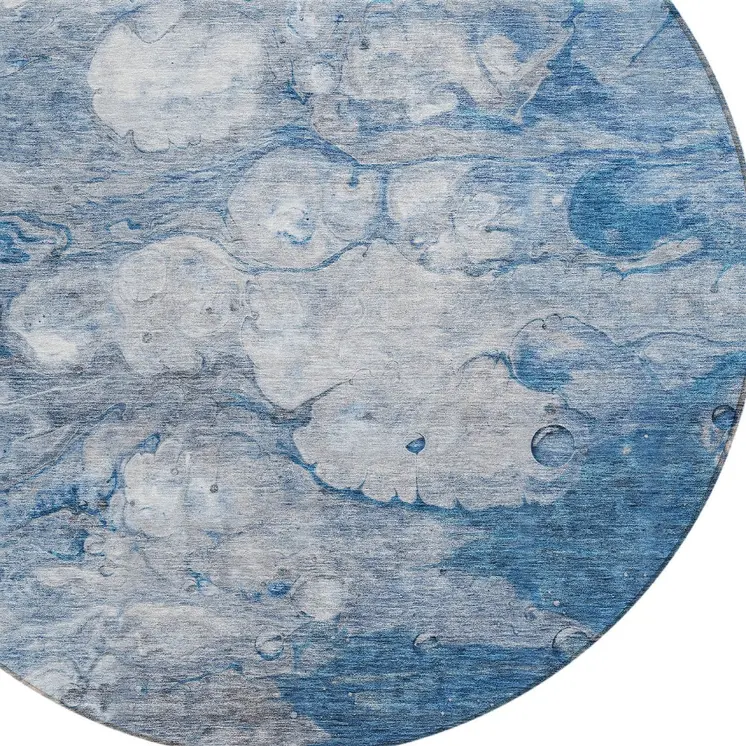 8' Denim Blue And Sky Blue Round Abstract Washable Indoor Outdoor Area Rug