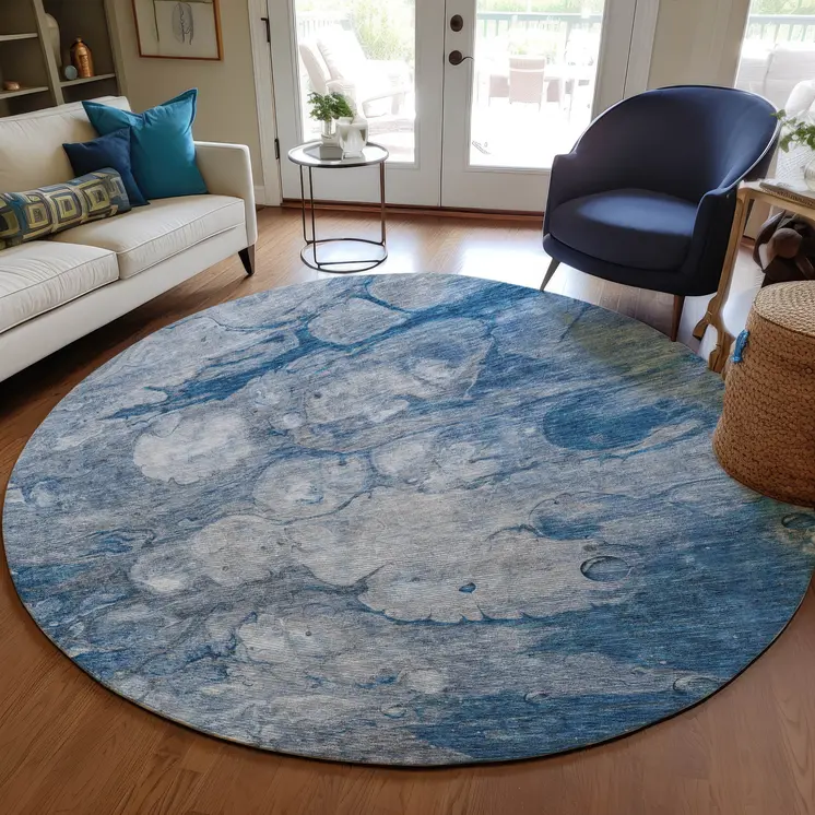 8' Denim Blue And Sky Blue Round Abstract Washable Indoor Outdoor Area Rug
