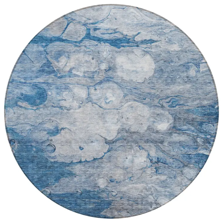 8' Denim Blue And Sky Blue Round Abstract Washable Indoor Outdoor Area Rug