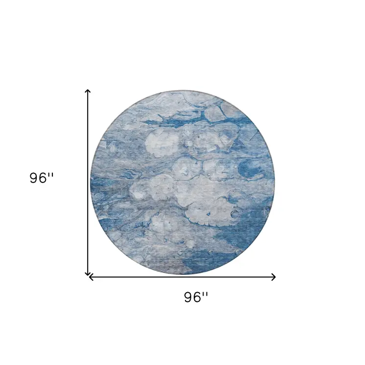 8' Denim Blue And Sky Blue Round Abstract Washable Indoor Outdoor Area Rug