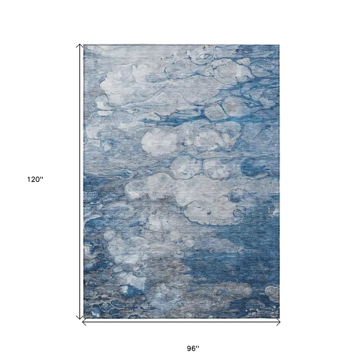 8' X 10' Denim Blue And Sky Blue Abstract Washable Indoor Outdoor Area Rug