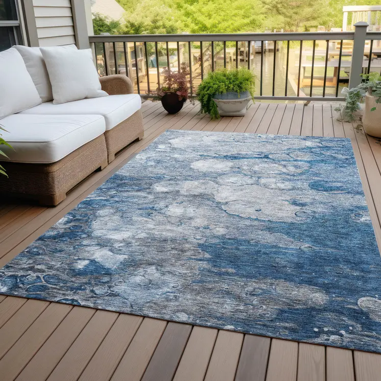 8' X 10' Denim Blue And Sky Blue Abstract Washable Indoor Outdoor Area Rug