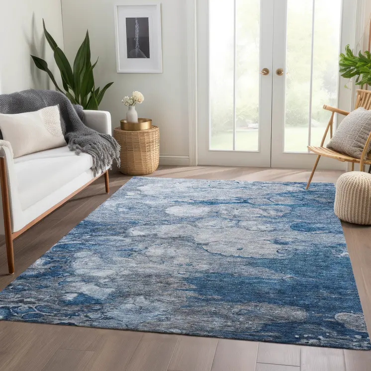 8' X 10' Denim Blue And Sky Blue Abstract Washable Indoor Outdoor Area Rug