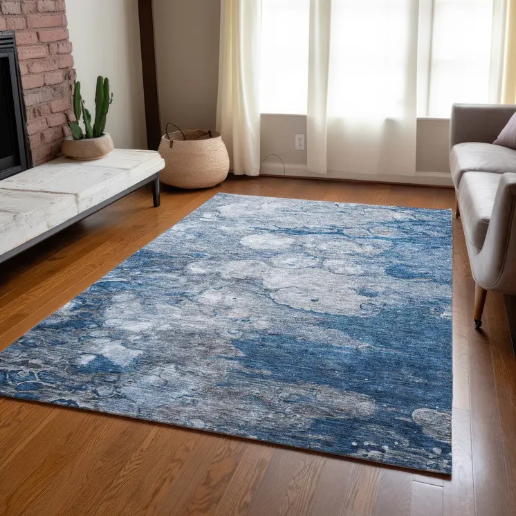8' X 10' Denim Blue And Sky Blue Abstract Washable Indoor Outdoor Area Rug