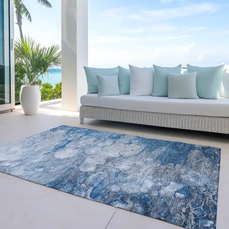 8' X 10' Denim Blue And Sky Blue Abstract Washable Indoor Outdoor Area Rug