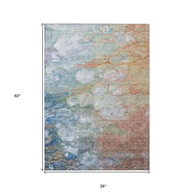3' X 5' Copper Blue And Artichoke Green Abstract Washable Indoor Outdoor Area Rug