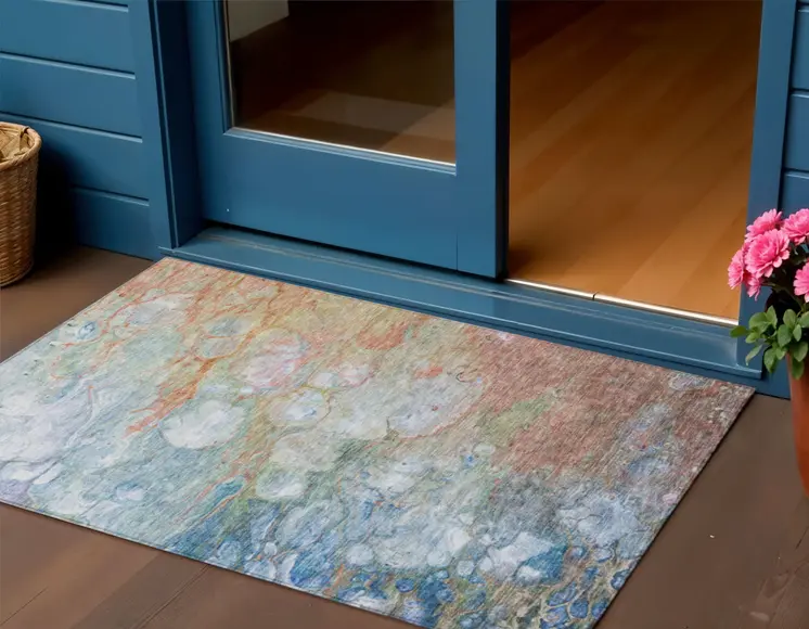 3' X 5' Copper Blue And Artichoke Green Abstract Washable Indoor Outdoor Area Rug