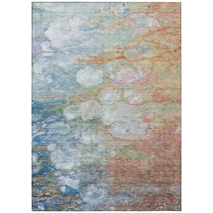 3' X 5' Copper Blue And Artichoke Green Abstract Washable Indoor Outdoor Area Rug