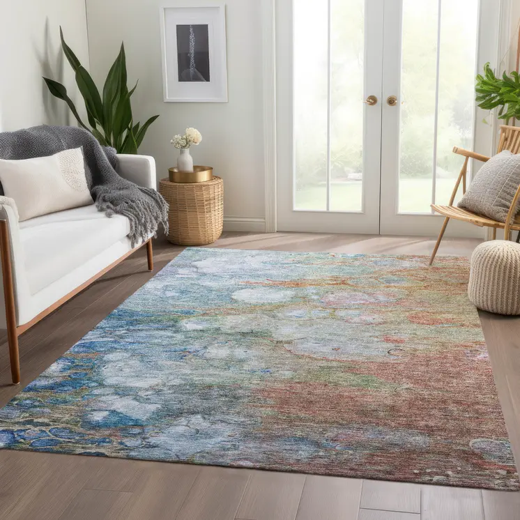 3' X 5' Copper Blue And Artichoke Green Abstract Washable Indoor Outdoor Area Rug