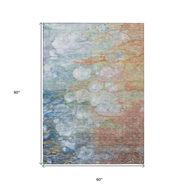 5' X 8' Copper Blue And Artichoke Green Abstract Washable Indoor Outdoor Area Rug
