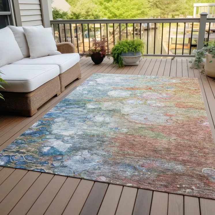 5' X 8' Copper Blue And Artichoke Green Abstract Washable Indoor Outdoor Area Rug
