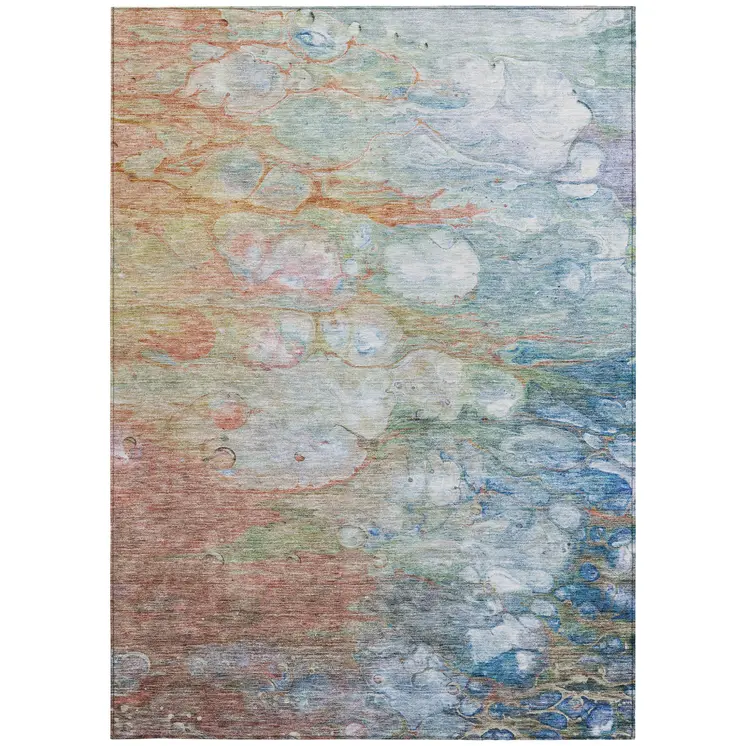5' X 8' Copper Blue And Artichoke Green Abstract Washable Indoor Outdoor Area Rug