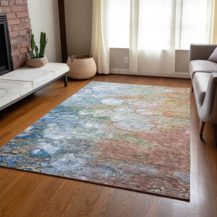 5' X 8' Copper Blue And Artichoke Green Abstract Washable Indoor Outdoor Area Rug