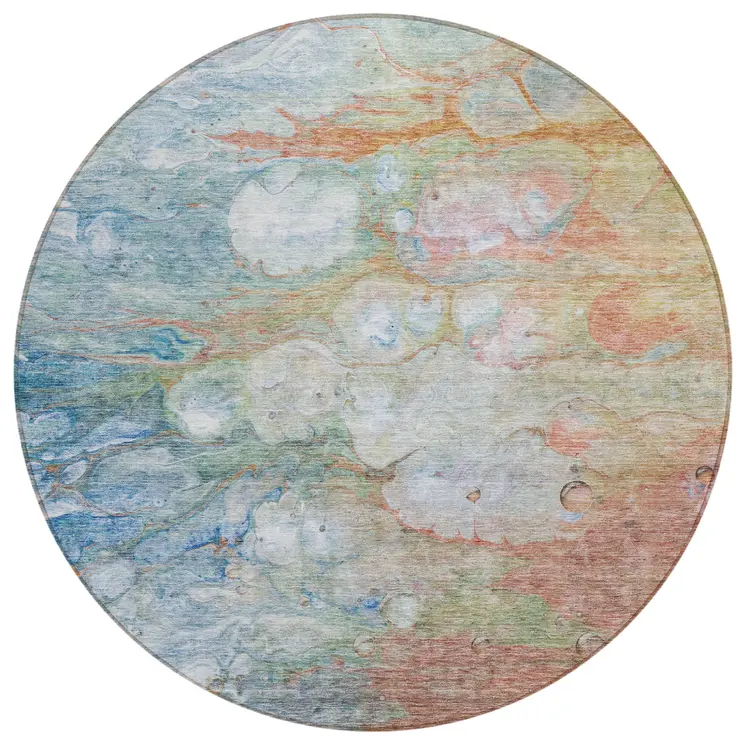 8' Copper Blue And Artichoke Green Round Abstract Washable Indoor Outdoor Area Rug