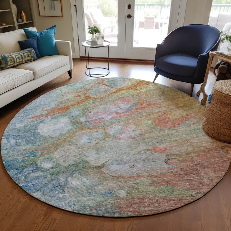 8' Copper Blue And Artichoke Green Round Abstract Washable Indoor Outdoor Area Rug