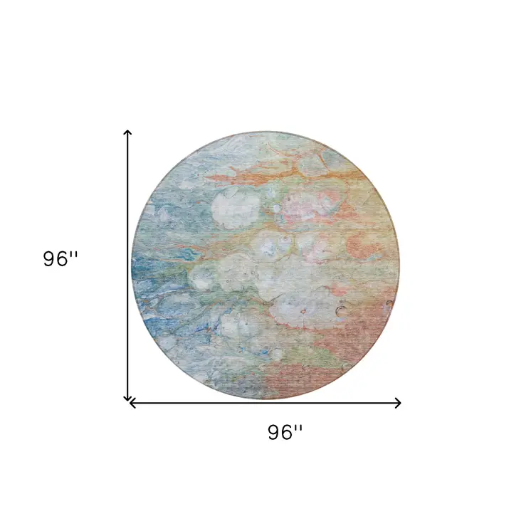 8' Copper Blue And Artichoke Green Round Abstract Washable Indoor Outdoor Area Rug