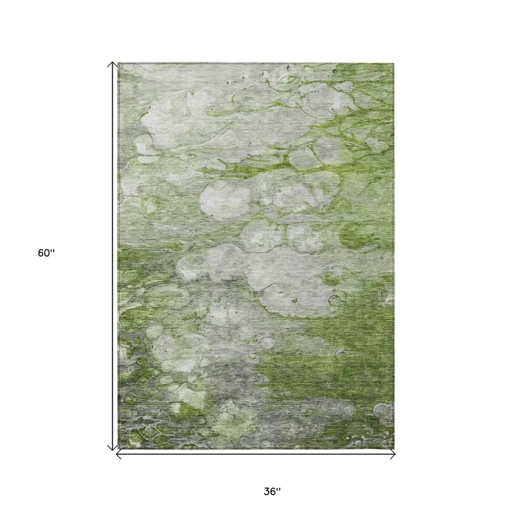 3' X 5' Olive Green And Gray Abstract Washable Indoor Outdoor Area Rug