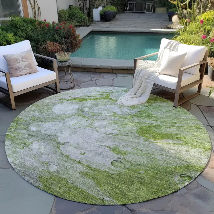 8' Olive Green And Gray Round Abstract Washable Indoor Outdoor Area Rug