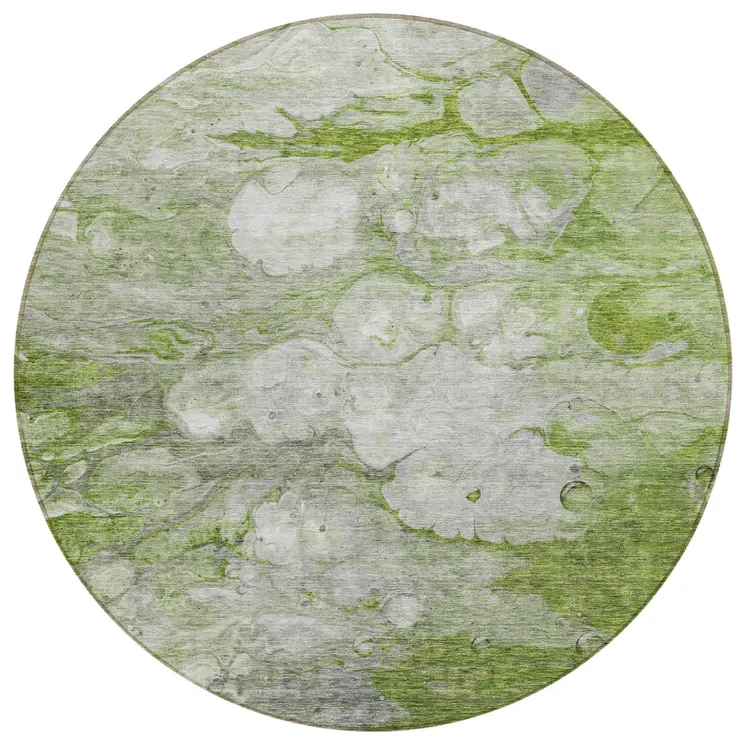 8' Olive Green And Gray Round Abstract Washable Indoor Outdoor Area Rug